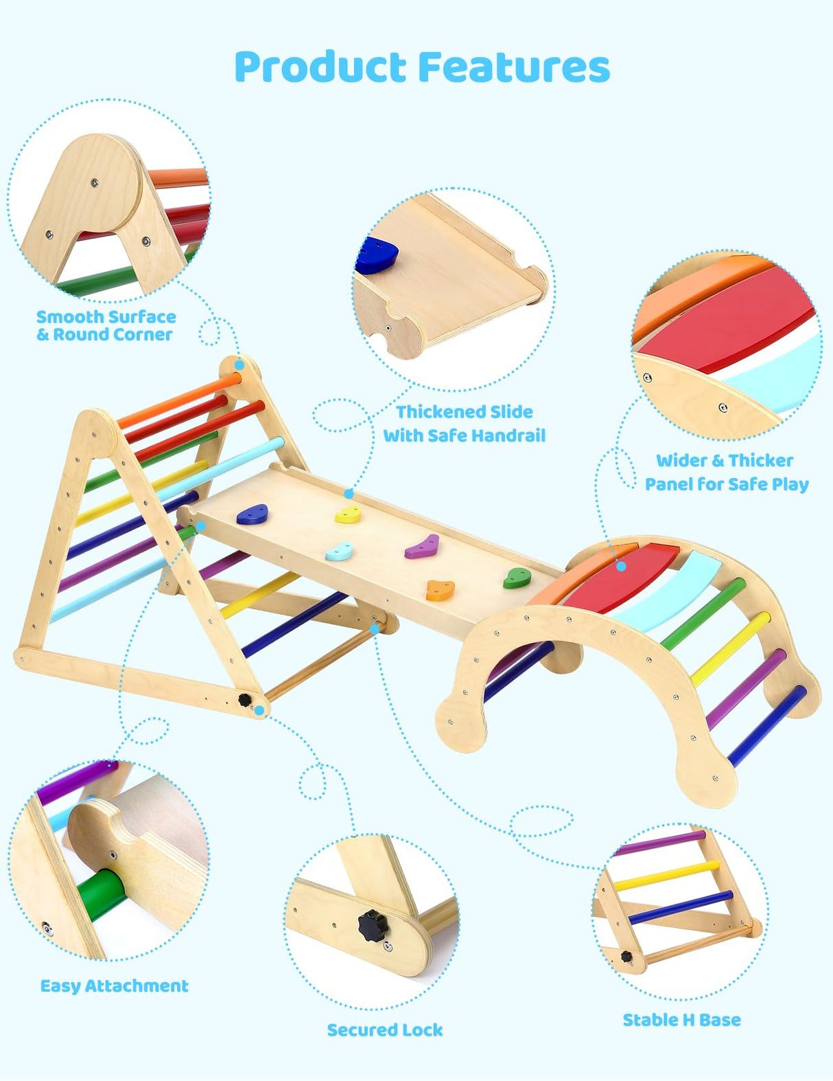 YOLEO Pikler Triangle Set, Foldable 7-in-1 Montessori Climbing Set Fun Baby Pickler-3 Piece Climbing Jungle Gym and Indoor Playground Climbing Toys for Toddlers 1-3 Inside (Rainbow, Advanced Version) YOLEO