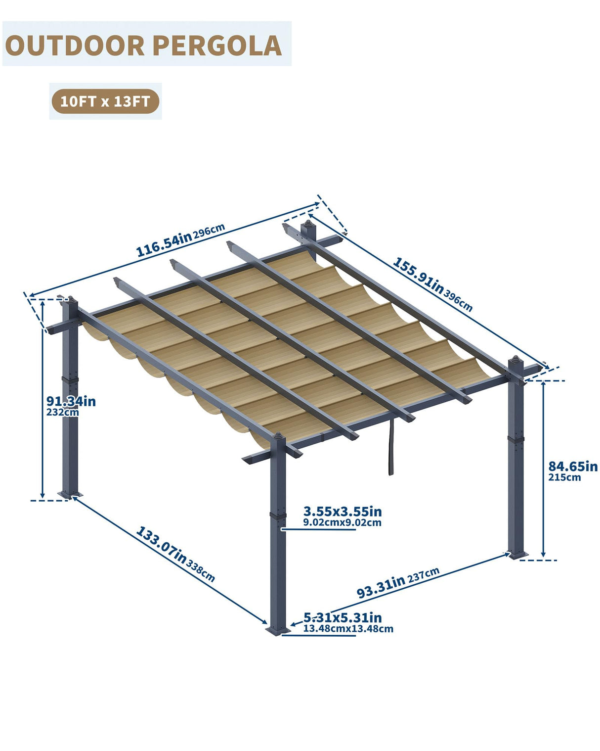 Garvee 10x13 Ft Aluminum Pergola with Retractable Canopy Metal Gazebo for Modern Backyard Deck Porch Grape Trellis(Khaki) Garvee
