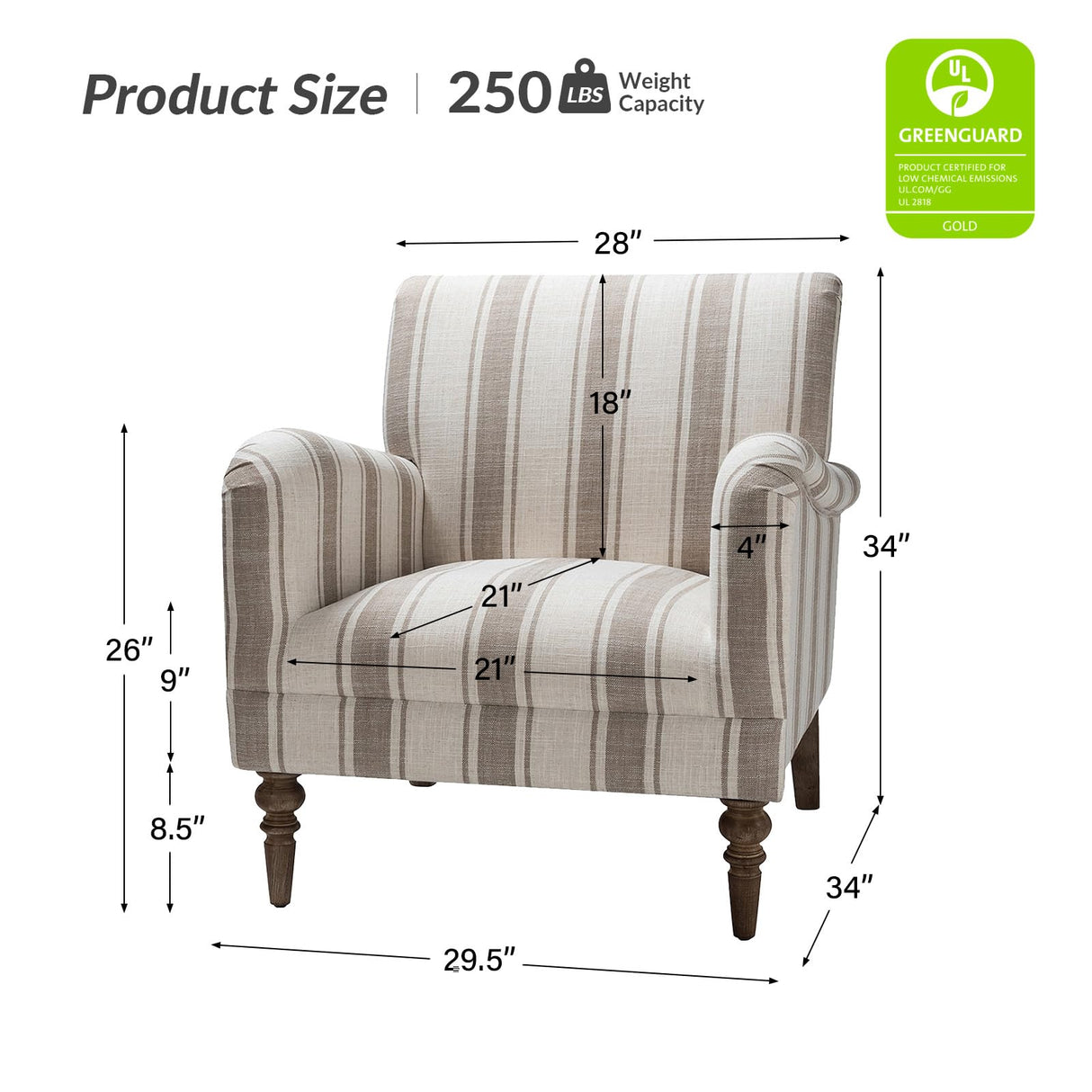 HULALA HOME Modern Accent Chair with Arms and Wooden Legs, Comfy Upholstered Armchair for Living Room, Bedroom (Stripe Pattern, Tan) HULALA HOME