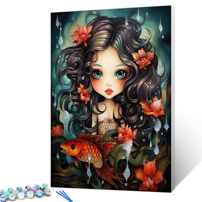 Fashion Girl with Fish Paint by Numbers Kits with Brushes Underwater World Sealife Acrylic Oil Painting for Adults Kids Tropical Flowers Pictures Craft 16''x20" inch Room Decor Boho Gift (Frameless)