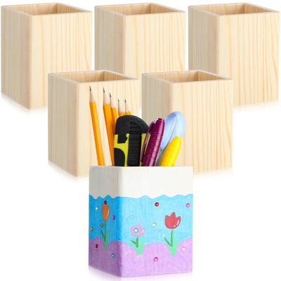DoubleFill 6 Pack Wood Pen Holder Unfinished Wooden Pencil Holder for Homemade DIY Crafts Mini Wood Pencil Box Small Wooden Crates for Crafts Projects, 3 x 3 x 4 Inches