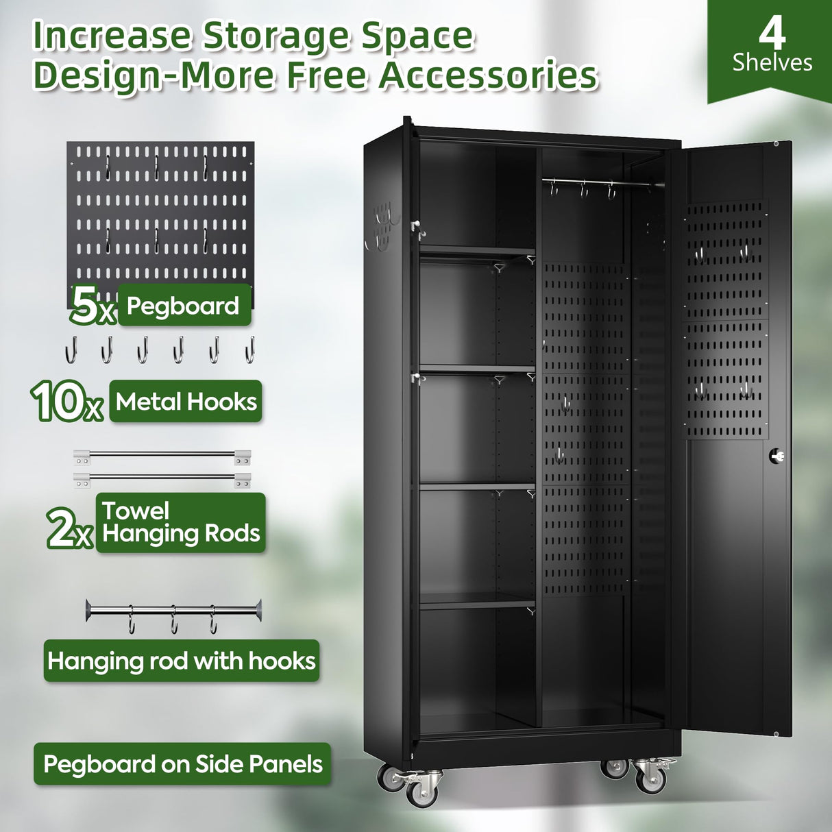 Reemoon Broom Closet Storage Cabinet with Wheels and Pegboard,Metal Garage Storage Cabinet with Doors and Adjustable Shelves for Garage Home,Required Assembly,Black Reemoon