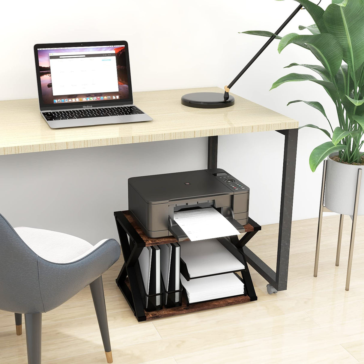 CALASK Desktop Printer Stand with Storage 2-Tier Wood Under Desk Printer Table, Multi-Purpose Printer Shelf for Home Office Organizer Storing Heavy Duty Fax Machine, Scanner, Rustic Brown CALASK