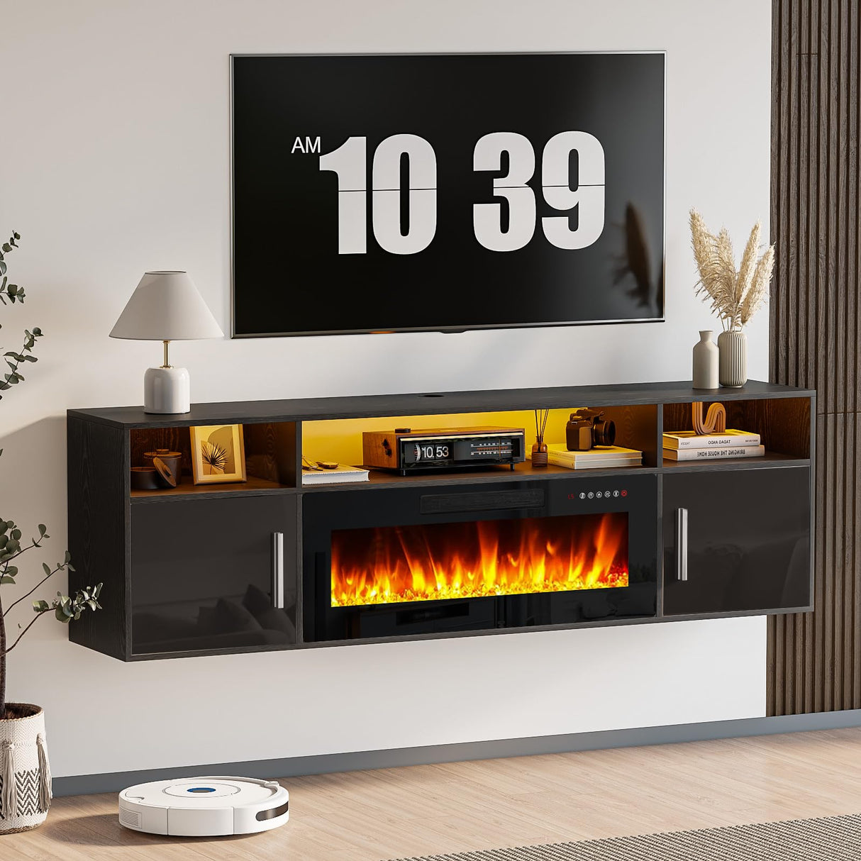 LEMBERI Floating Fireplace TV Stand 70'' Wall Mounted Shelf, LED Light Entertainment Center and Storage, Modern Wood Media TV Console with Highlight Cabinet for Living Room (Black) LEMBERI