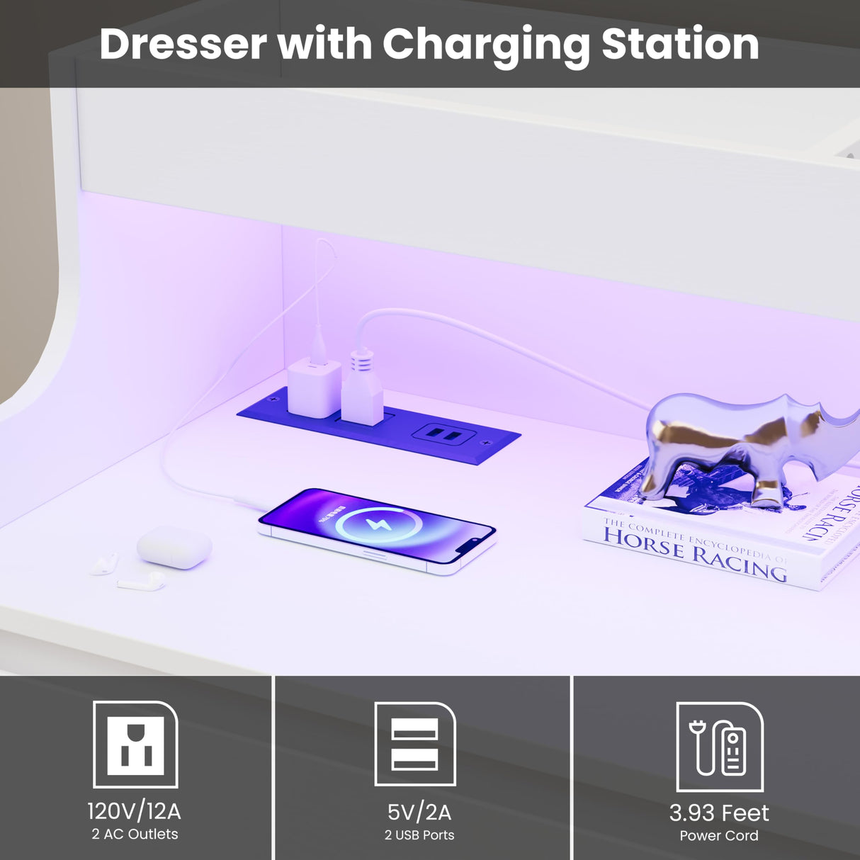 Dresser for Bedroom, 6 Drawer Dresser with LED Lights and Charging Station, Wide Chest of 6 Drawers with Open Space, Modern Large Capacity Storage Cabinet, Living Room, Hallway, White GarveeHome