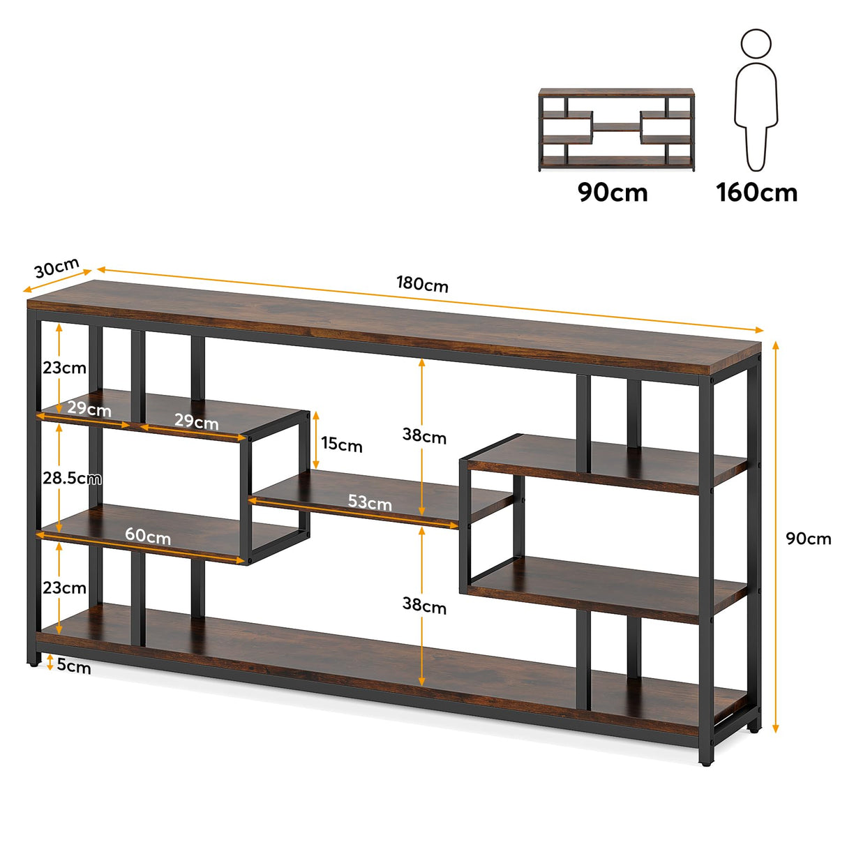 Tribesigns 70.87" Console Tables for Living Room, 5-Tier Narrow Long Sofa Tables with Open Storage Shelves, Rustic Entryway Tables with Metal Frame, Brown & Black Tribesigns