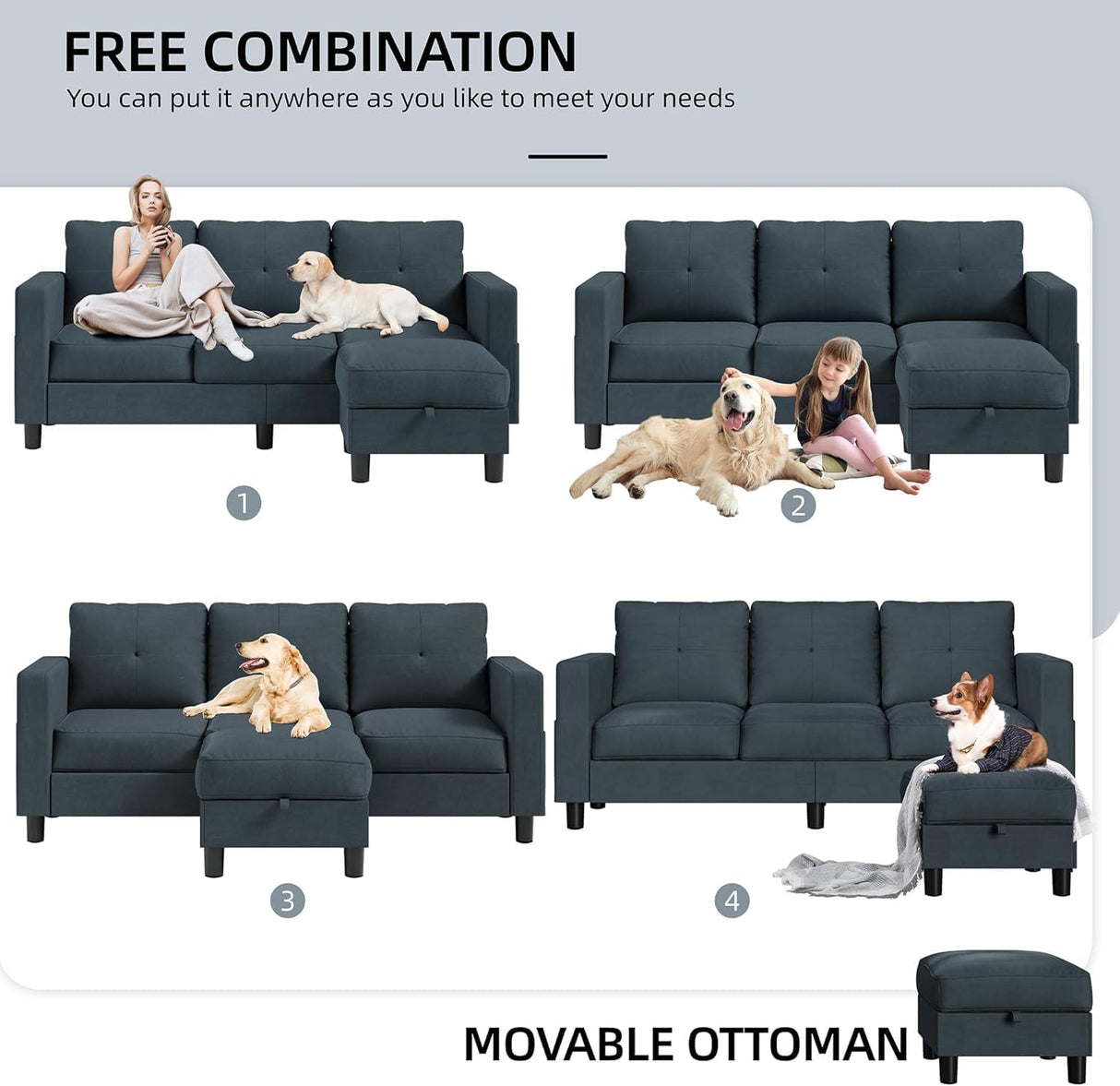 Shintenchi Small Sectional Couch with Ottoman, 3 Seat L Shaped Sofa, Fabric Upholstered Convertible Sofa Couches, Small Couch for Apartments, Living Room and Office(Dark Grey) Shintenchi