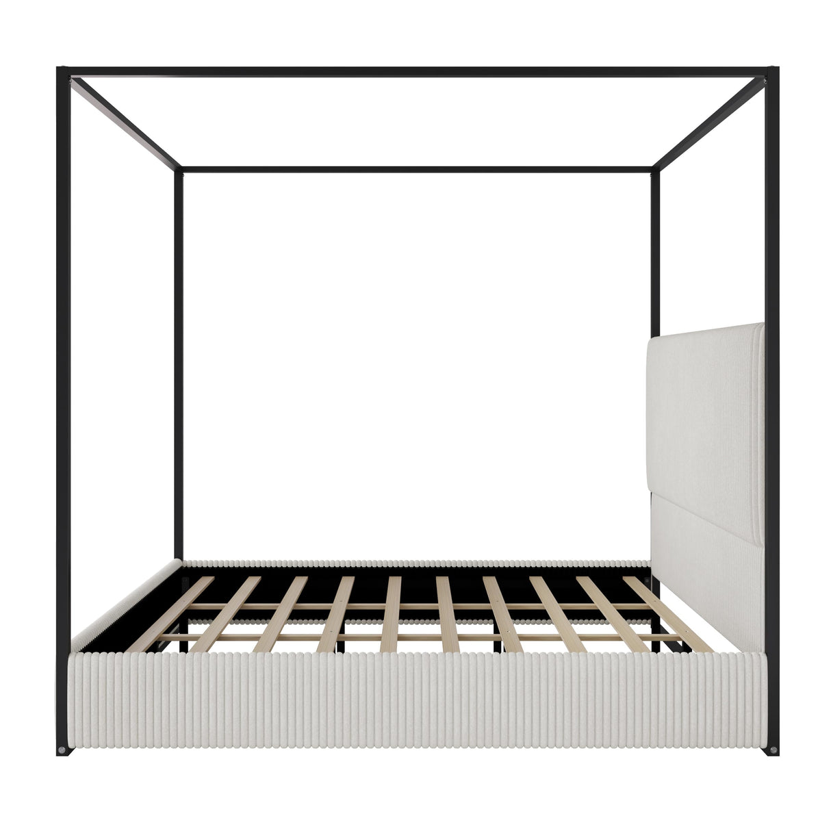 RUNNA King Size Modern Metal Canopy Bed Frame with Tall Velvet Upholstered Headboard and Four Poster,No Box Spring Needed (White,Black3) RUNNA