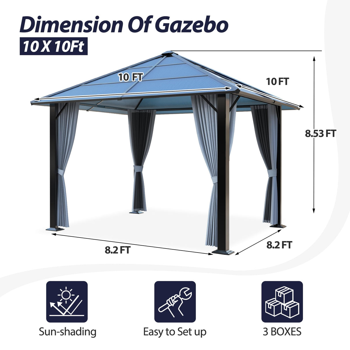 Raysfung 10'x10' Hardtop Gazebo, Outdoor Polycarbonate Roof Gazebo Metal Frame Permanent Pavilion with Netting & Curtains for Garden, Patio, Lawns(Grey) Raysfung