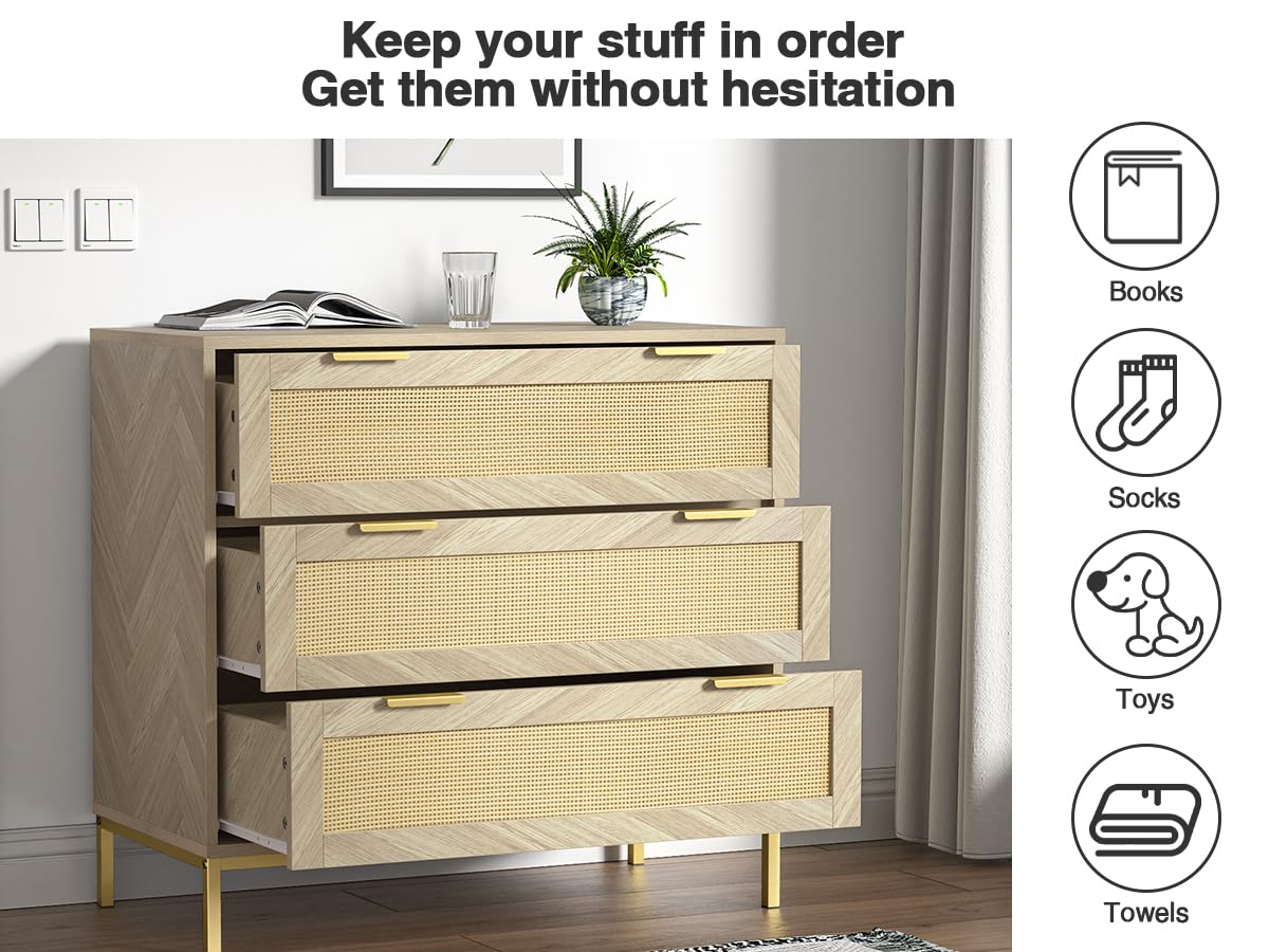 Anmytek 3 Drawer Dresser for Bedroom with Natural Rattan,Closet Dressers Chest of Drawers for Bedroom,Farmhouse Wood Large Nightstand with Storage Versatile Bedside Table for Bedroom Anmytek