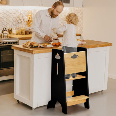 COSYLAND Toddler Standing Tower Adjustable Height - Super Stable Toddler Kitchen Stool Helper - 3 Levels Adjustable Wooden Toddler Kitchen Stool (Natural & Black)
