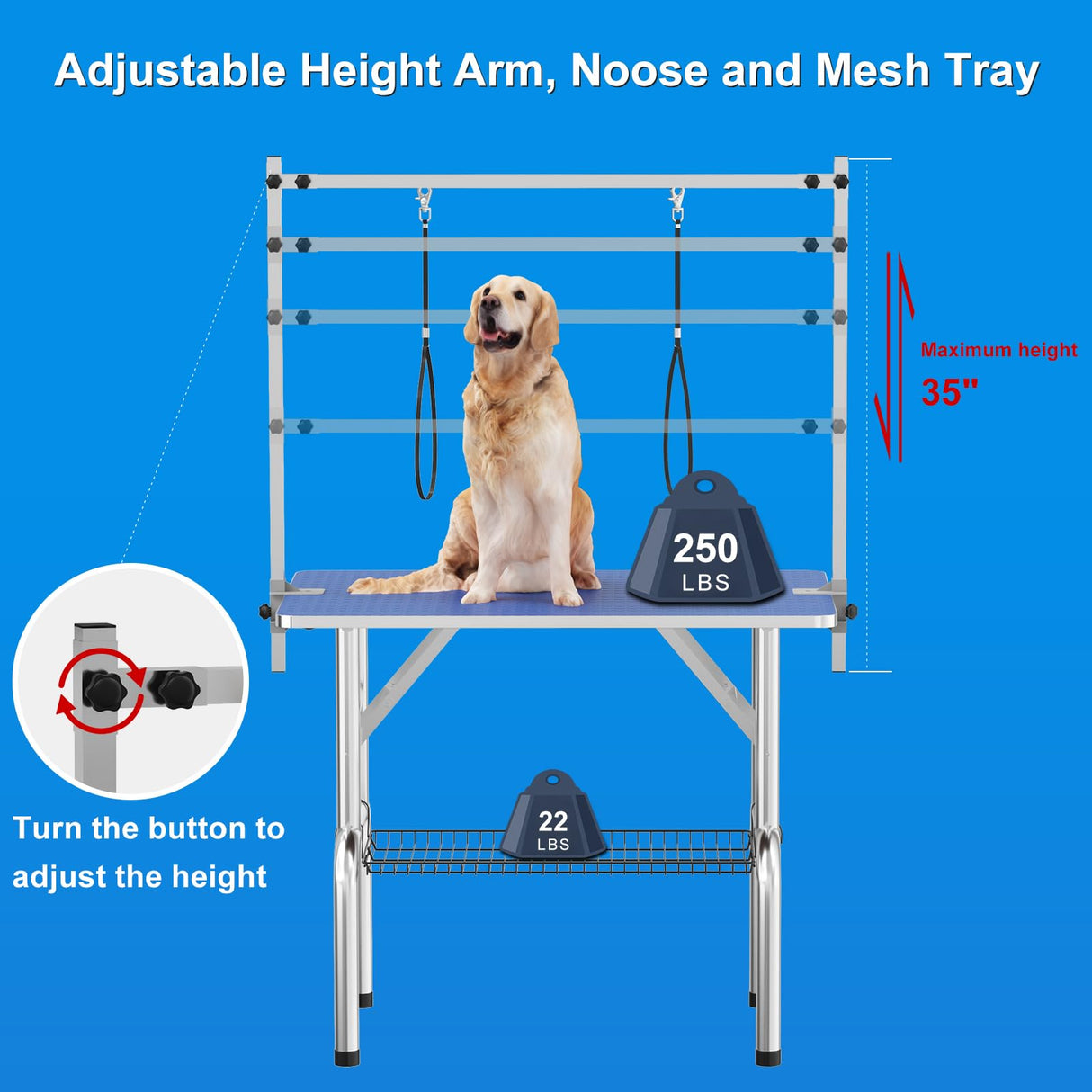 GarveeHome 36" Dog Grooming Table,Portable Trimming Table Drying Table,Foldable Home Pet Bathing Station with Adjustable Height Arm,Nooses, Mesh Tray Blue GarveeHome