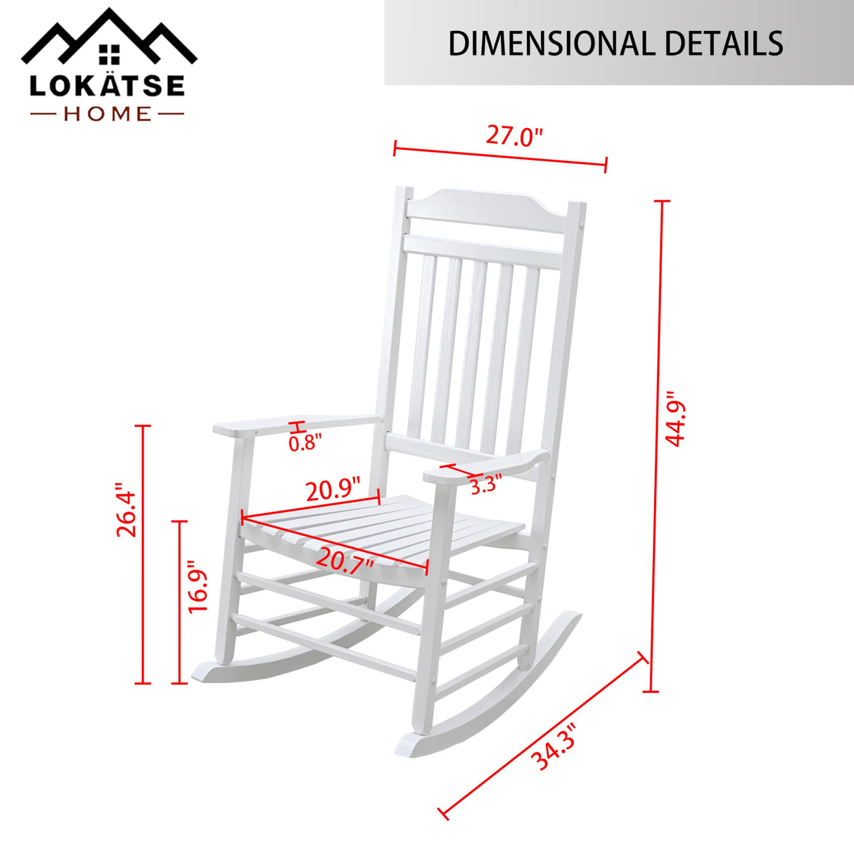 LOKATSE HOME Outdoor Wooden Rocking Chair with 300lbs Support High Back Smooth for Backyard, Lawn, Garden and Deck, White LOKATSE HOME