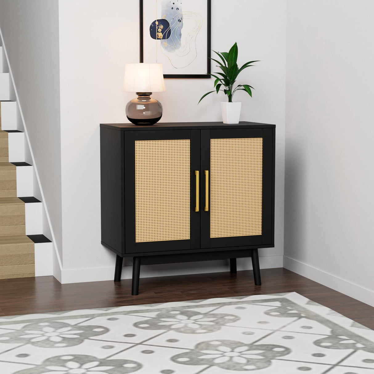 LYNSOM Buffet Cabinet with Storage, Sideboard Buffet Storage Cabinet with Rattan Decorated Doors, Set of 2 Accent Cabinet with Solid Wood Feet for Living Room, Entry, Hallway, Black LYNSOM