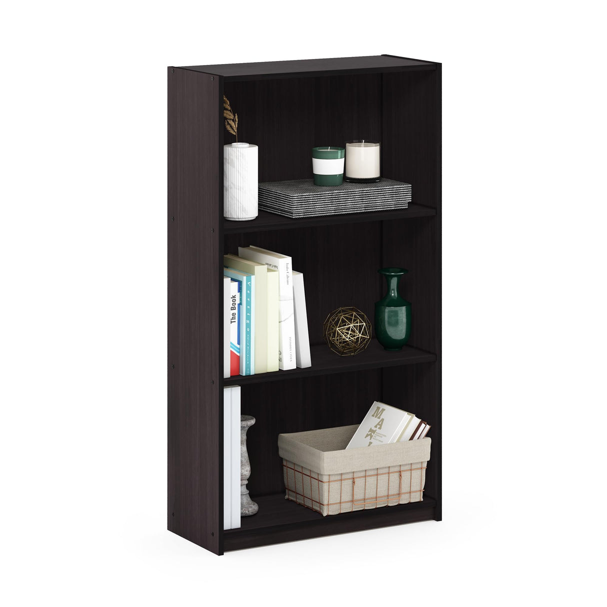 Furinno Basic 3-Tier Bookcase Storage Shelves, Dark Walnut Furinno
