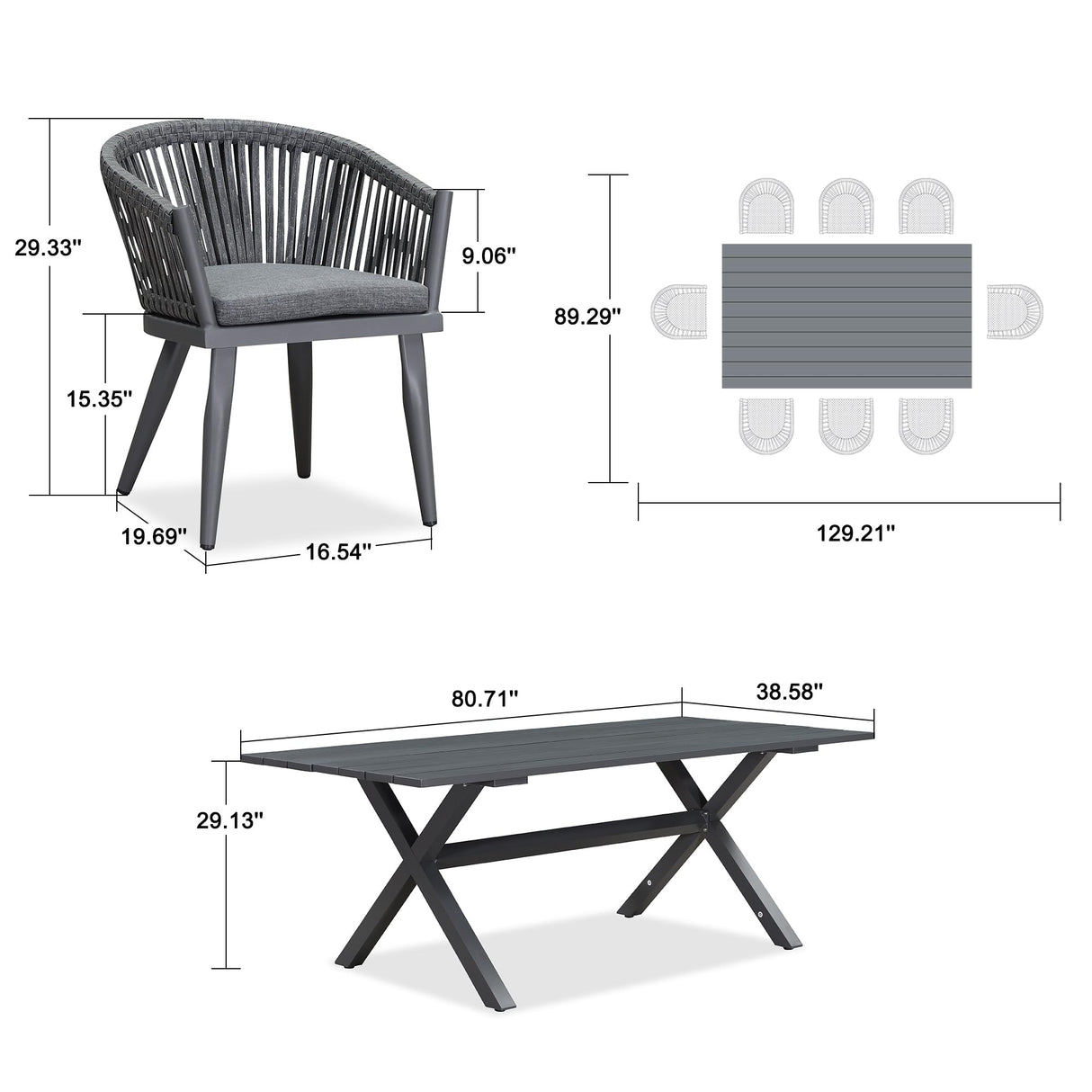 PURPLE LEAF 9 Pieces Outdoor Dining Set with Patio Aluminium Dining Table and Wicker Rattan Chairs Modern Furniture Cushions Sets for Backyard Indoor Decor Kitchen Grey PURPLE LEAF