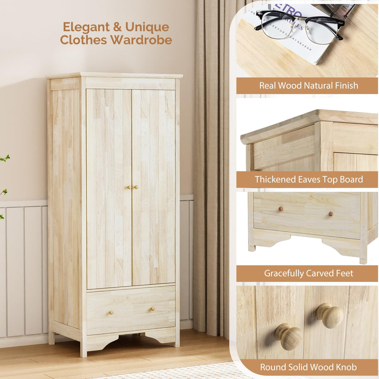 VINGLI Solid Wood Wardrobe Closet, Unfinished Wood Armoire Color DIY, Natural Rubber Wood Wardrobe Closet with Doors and Drawers, Real Wood Wardrobe Closet for Hanging Clothes, Wooden Wardrobe Cabinet VINGLI