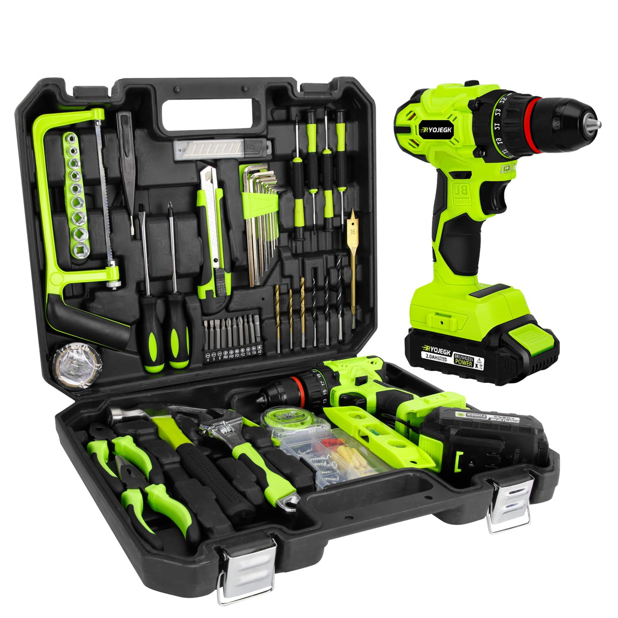 RYOJEGK Home Tool Set with Brushless Drill, 20V 119PCS Cordless Drill Tool Box with Battery, Tool Kit with Drill for Men & Woman, 24+1 Keyless Metal Chuck Brushless Drill Set for Household Repair Kit RYOJEGK