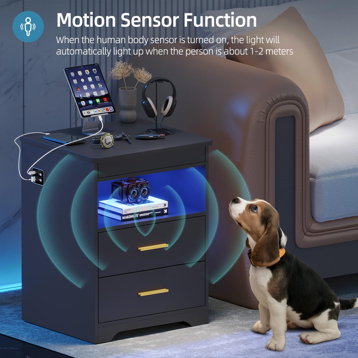 Gurexl LED Nightstand with Gun Drawer, Modern Beside Table with Charging Station, Auto Sensor 3 Color Dimmable Night Stand with Open Compartment for Bedroom Gurexl