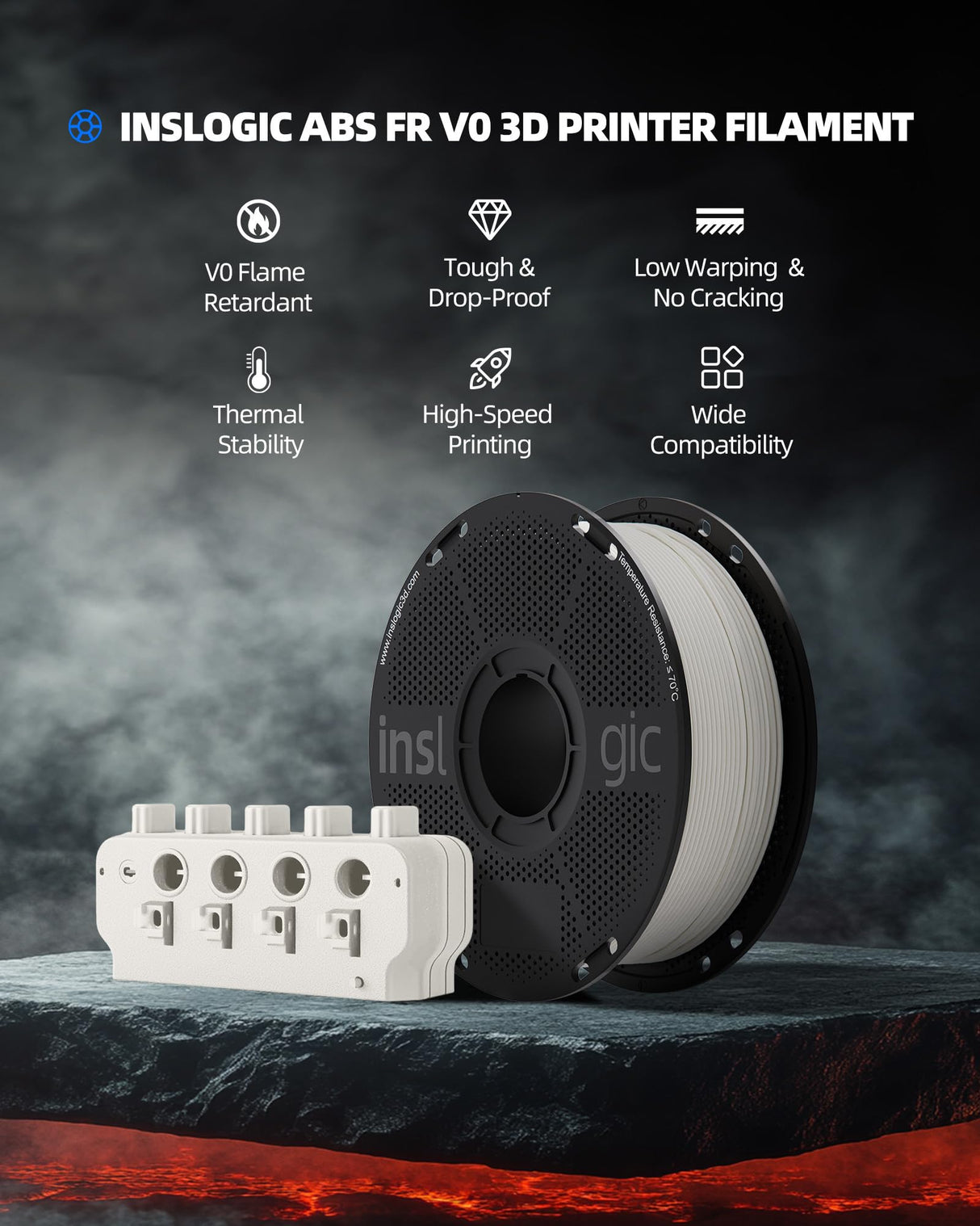 Inslogic ABS FR V0 Filament 1.75mm, Flame Retardant 3D Printer Filament, V0 Grade, Low Warping, Impact Resistant, 1kg Spool (2.2 lbs), Dimensional Accuracy ±0.03mm (Natural) Inslogic