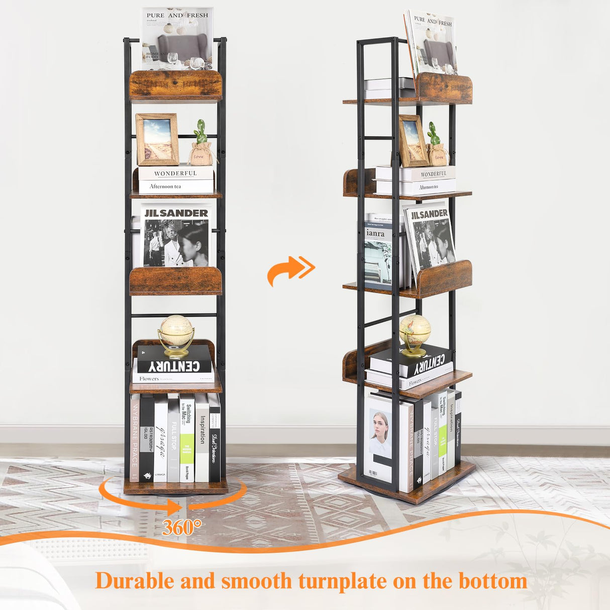 Bikoney 5-Tier Rotating Corner Bookshelf - Tall Industrial Black Wood & Metal Bookcase Bikoney
