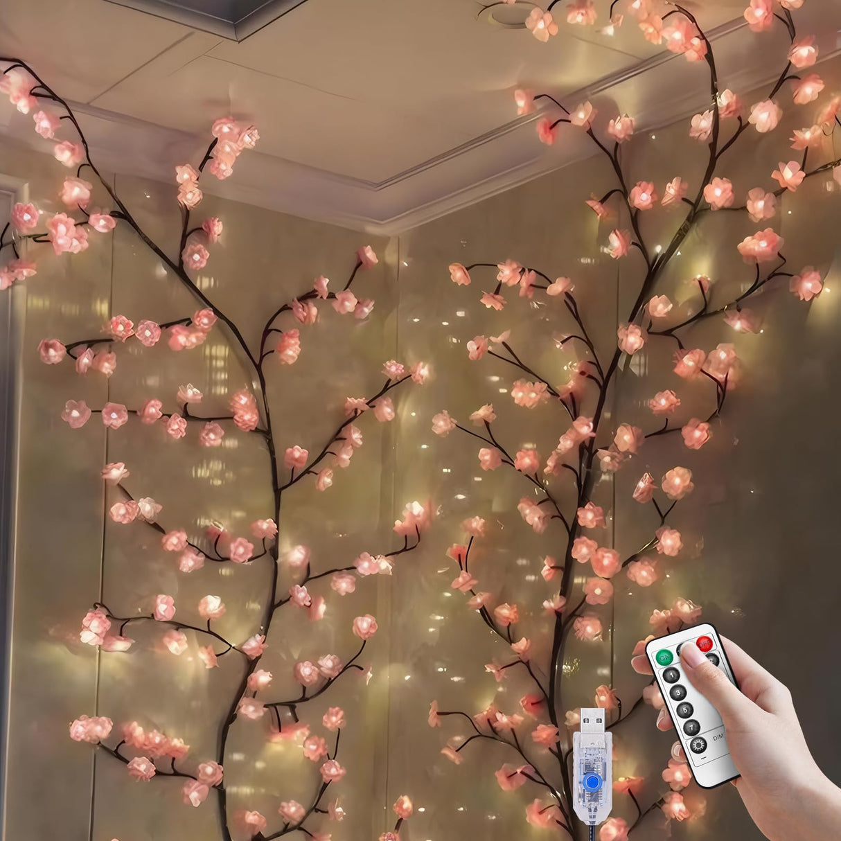 Cherry LED Tree Branch Lights for Wall, Cherry Blossom Willow Vine Twig Decor Garland with 72 LED Lights and Remote,8 Lighting Modes,Christmas Decorations Indoor for Home Wall Door Window (63inch) BomKra