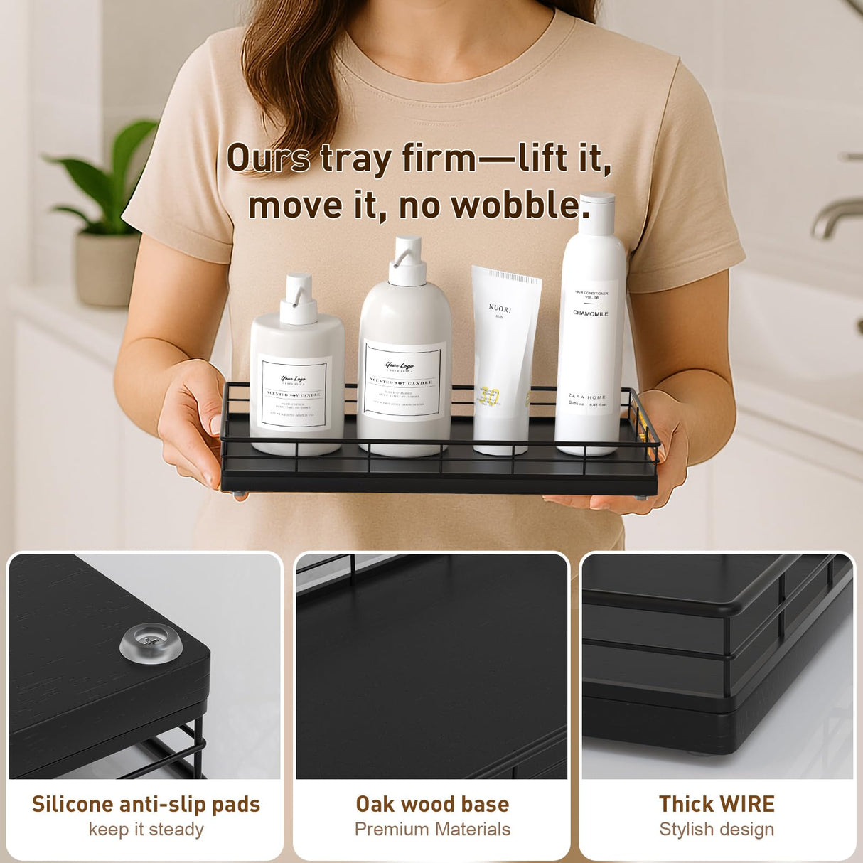 Toilet Paper Basket Organizer – Oak Wood Toilet Tank Tray with Metal Frame, Back of Tank or Top Bathroom Counter Storage – Black Modern Decor Focusonit