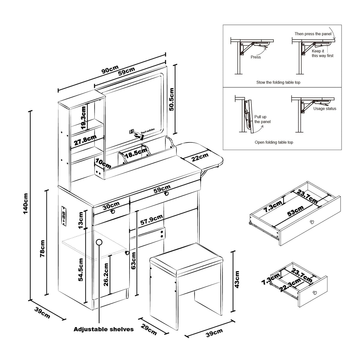 Vanity Desk Set with Mirror and LED Lights, Makeup Table with 2 Drawers & 1 Cabinet, Power Outlet, Storage Cushioned Stool, Dressing Table for Bedroom (Black) Panana