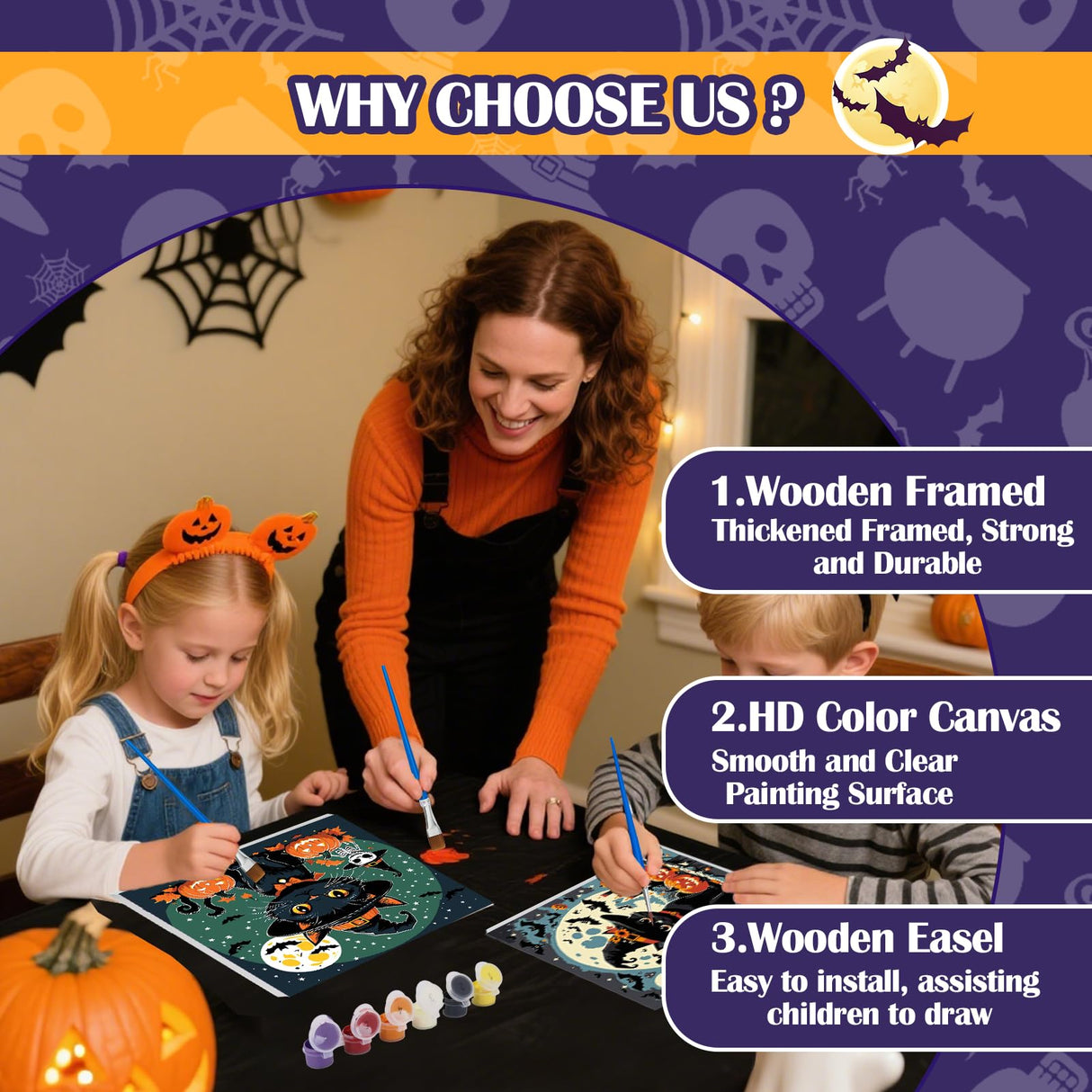 Vodolo 4 Pack Halloween Paint by Numbers Cat with Frame,Easy DIY Halloween Painting Kit Vodolo