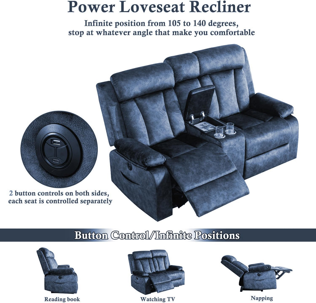 GUEAPY Power Reclining Loveseat with Console, Heat & Massage, 2 Seat Reclining Sofa with Cup Holders, USB & Type-C Ports, Plush Dutch Velvet 2 Seat Reclining Couch for Living Room, RV,Office,Apartment GUEAPY