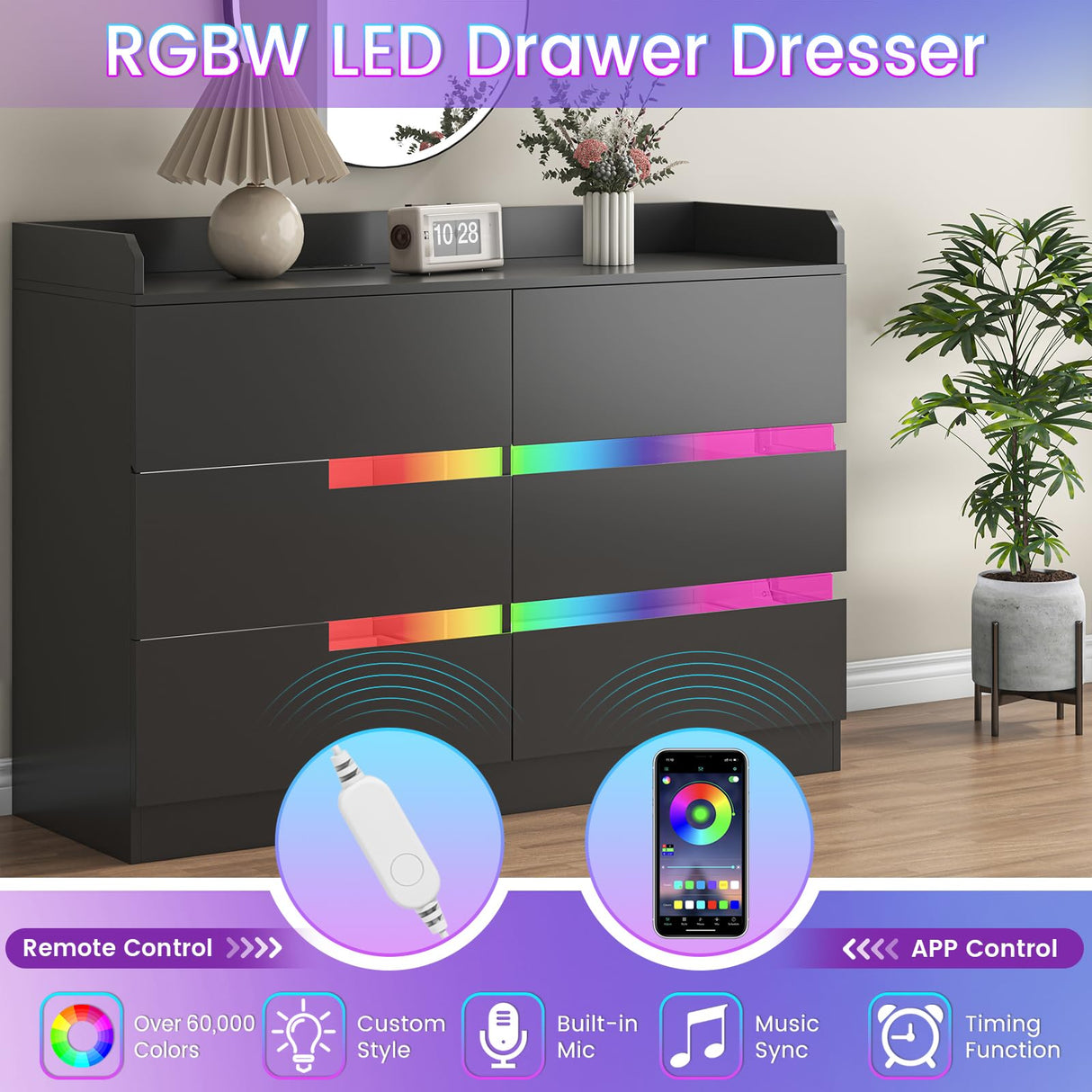 Frmobepts 6 Drawer Dresser with Charging Station and LED Light, Modern Wide Chest of Drawers for Bedroom or Living Room, 47.2" D x 15.7" W x 33.5" H, Black Frmobepts