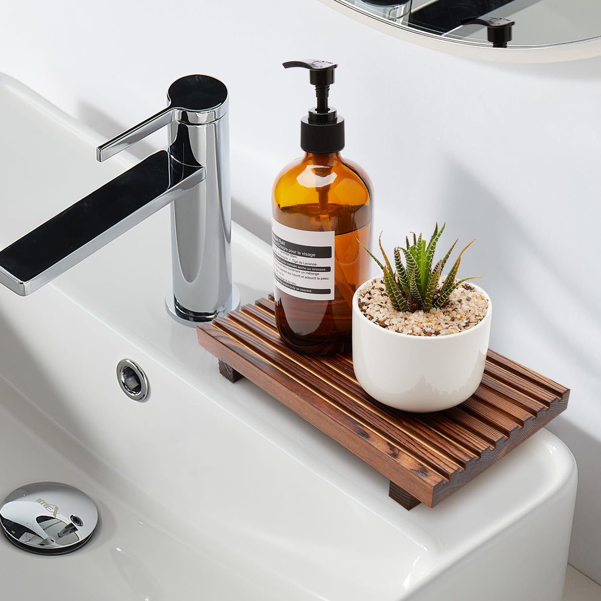 Farmhouse Bathroom Counter Organizer Wooden Display Pedesta Stand Small Kitchen Countertop Trays Decorative Wood Riser Dish Soap Dispenser Holder for Bathroom Decor Sink Accessories Vanity Tray Renawe