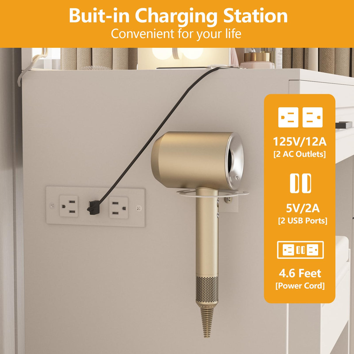 Fameill Vanity Desk with Lighted Mirror & Power Strip,Large Vanity Table with Glass top and Lots Storage,3 Drawer Makeup Desk with Hair Dryer Stand,3 Lighting Modes,White Fameill