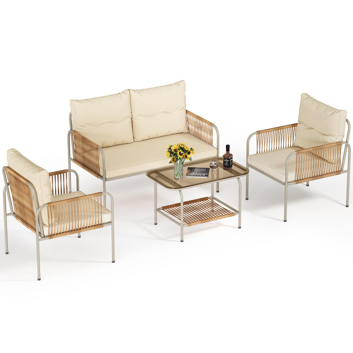 YITAHOME 4 Pieces Patio Furniture Set, Wicker Outdoor Conversation Set, All-Weather Rattan Bistro Set with Loveseat Set, Coffee Table and Cushions for Backyard, Balcony, Deck - Beige YITAHOME