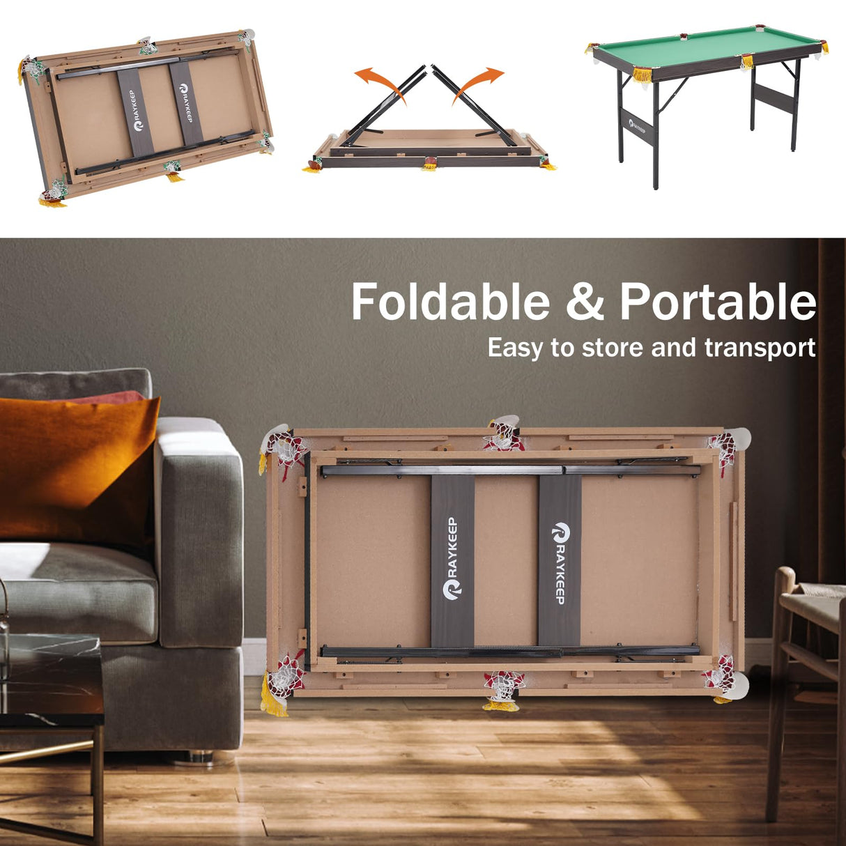 4.5Ft Foldable Pool Table, 54" Portable Folding Billiard Table for Kids and Adults, Indoor Pool Arcade Game Table with 2 Cues, 16 Balls, Triangle, 2 Chalks for Family Game Rooms (GREEN) RAYKEEP