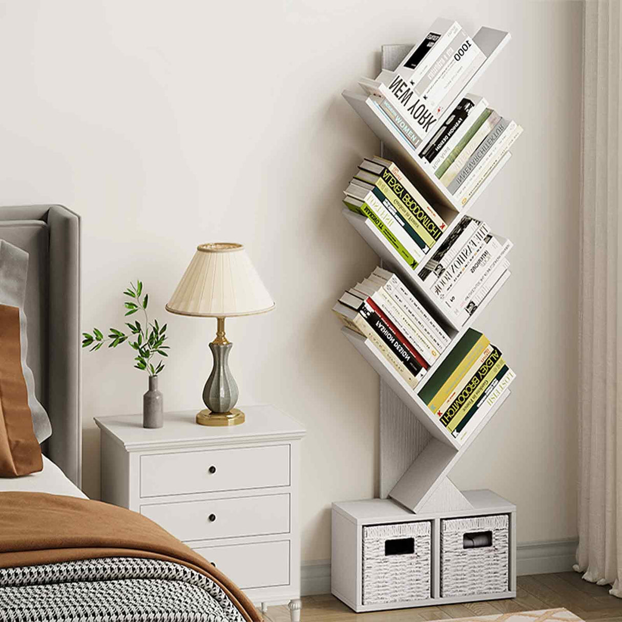 Vagusicc Tree Bookshelf, 6 Tier Bookshelf with Storage, Tall Narrow Bookcase, Rustic Wood Book Storage Rack for CDs/Books, Small Book Organizer Shelves for Bedroom, Living Room, Home Office, White Vagusicc