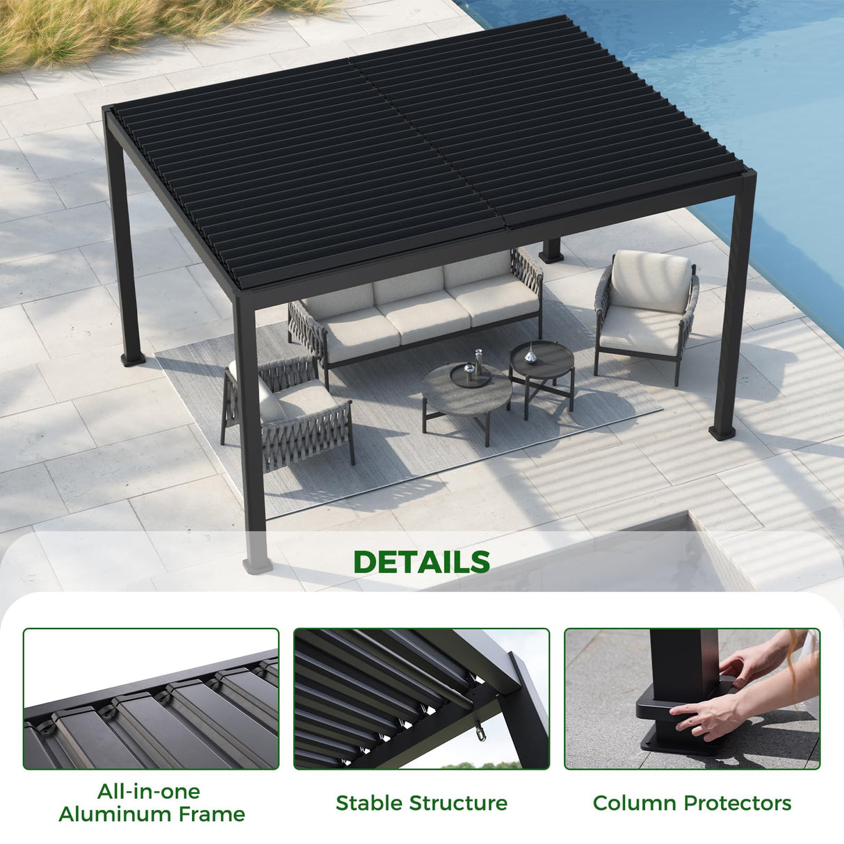 Grand Patio Outdoor 10x13 Aluminum Pergola with Adjustable Louvers and Integrated Drainage System – Outdoor Patio Canopy, Easy Assembly, Carbon Grand patio