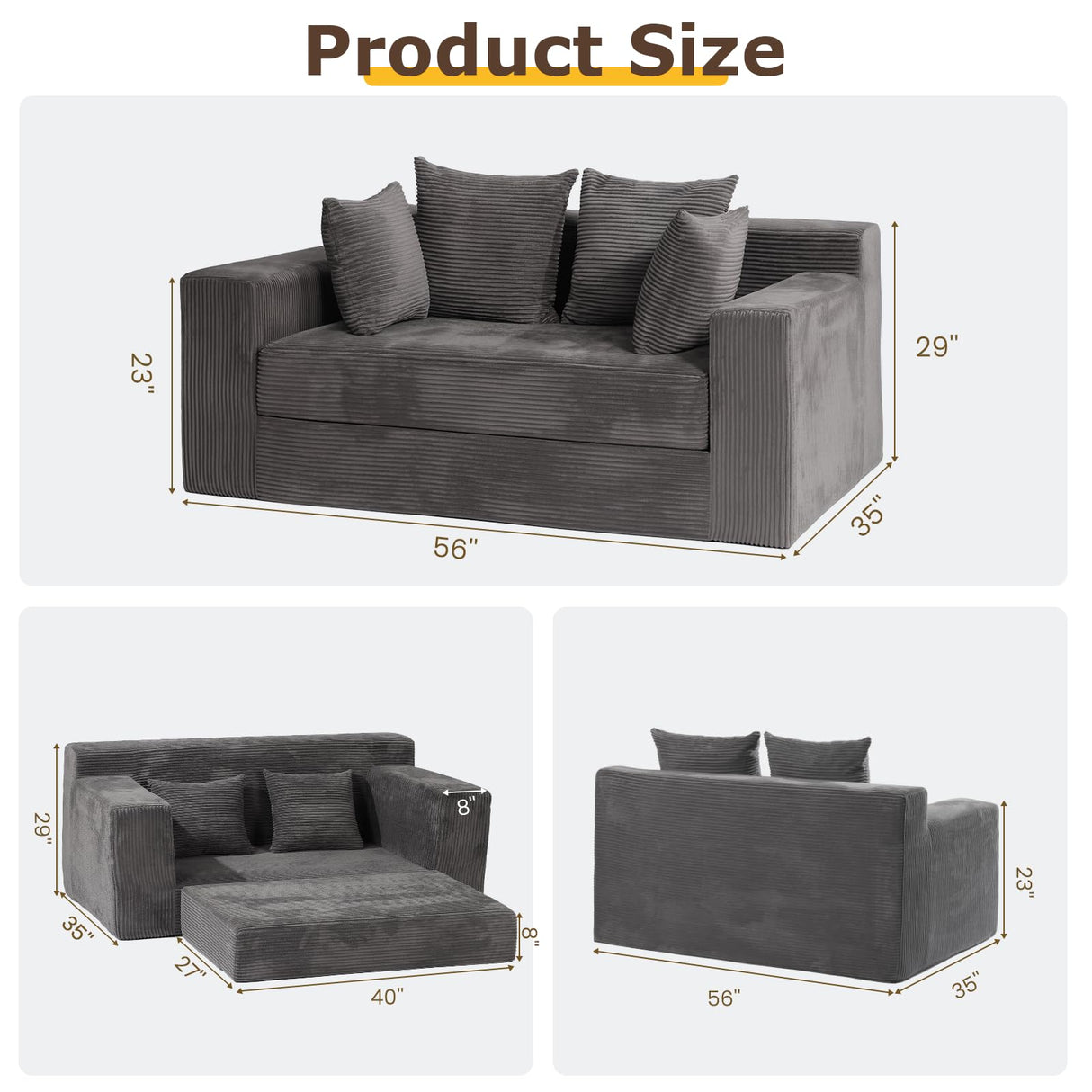 Convertible Sofa Bed, 3 in 1 Loveseat Folding Couch Bed Foldable - Boneless Couch & Floor Futon Sleeper, Corduroy Pull Out Sofa Bed with 4 Pillows for Living Room, Grey cidludto