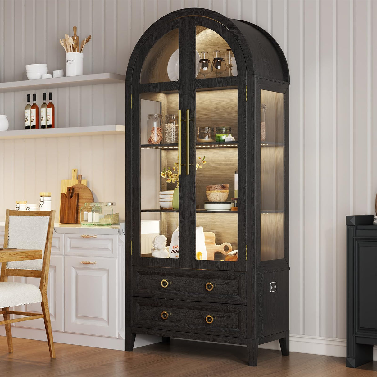 EOAWE Arched Curio Cabinet with Glass Doors, 4-Tier Display Cabinet with 2 Drawers, Tall Bookcase with 3 Color Lights, Display Case, Kitchen Pantry (Black) EOAWE