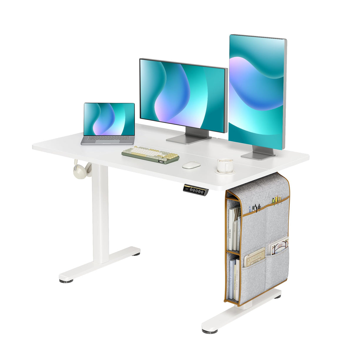 Claiks Electric Standing Desk Adjustable Height with Spacious Storage Bag, 48x24 Inch Stand Up Desk with Headphone Hook, Sit Stand Desk for Home Office Computer Workstation, White Claiks