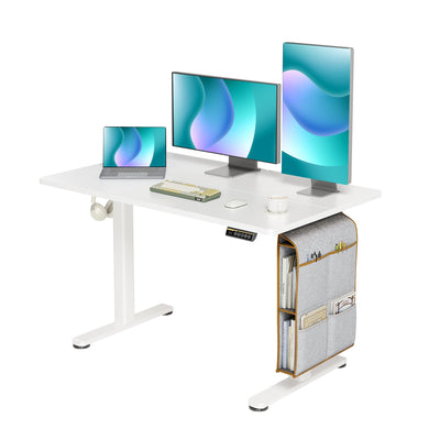 Claiks Electric Standing Desk Adjustable Height with Spacious Storage Bag, 48x24 Inch Stand Up Desk with Headphone Hook, Sit Stand Desk for Home Office Computer Workstation, White
