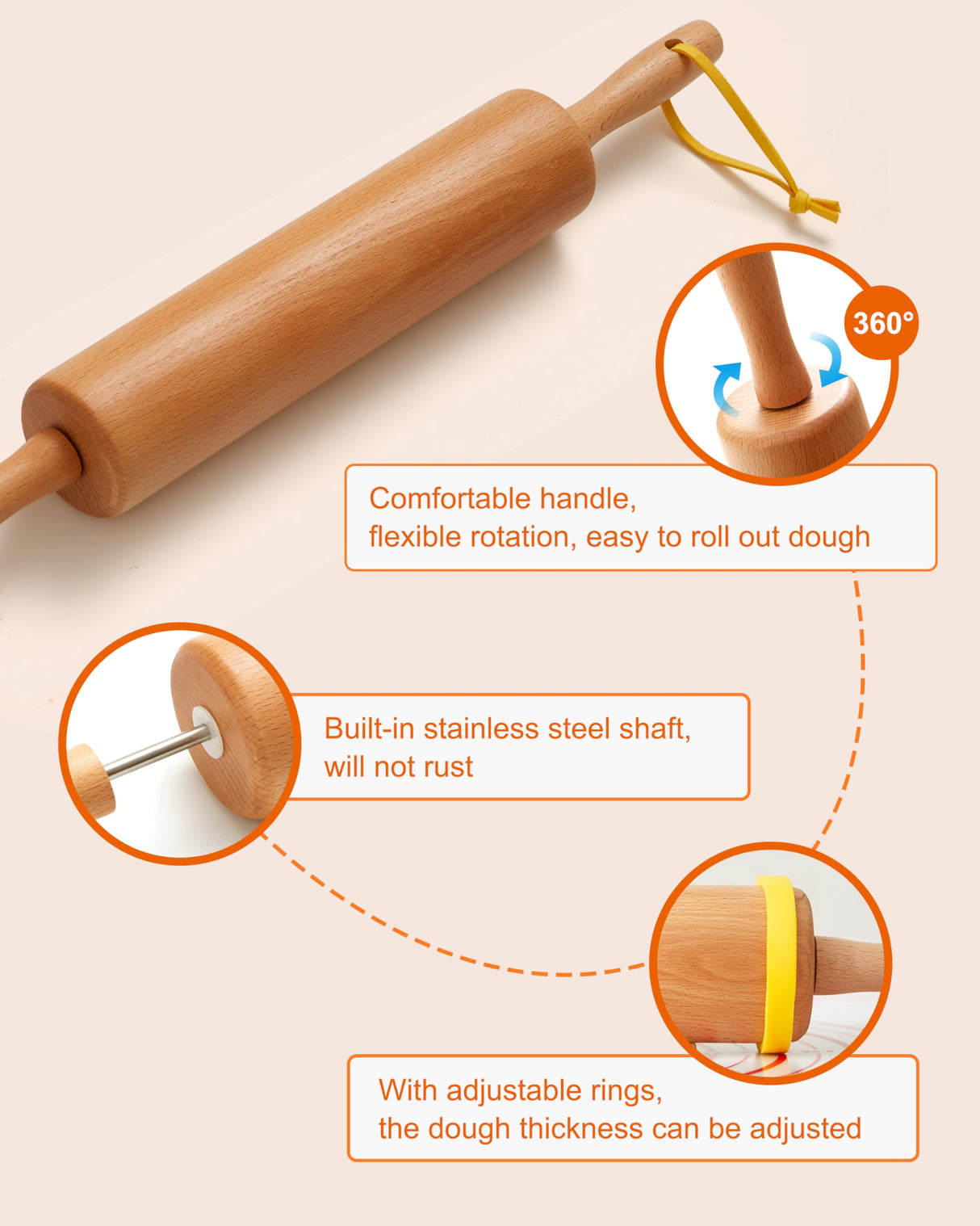 VINOIL Classic Wood Rolling Pin, 17" Rolling Pins for Baking with Silicone Mat and Adjustable Thickness Rings, Pasta Roller with Wood Base, Fondant Roller for Pie Crust, Cookies, Pizza Dough and Bread Vinoil