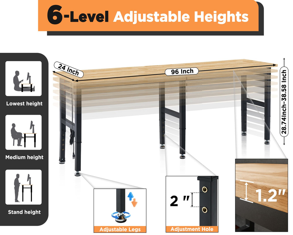 Albott 96x24 Adjustable Workbench, 28.7-38.6" Height, Rubber Wood Top, Heavy-Duty Design with Power Outlets & Hooks, 5000 LB Capacity for Garage, Workshop, Home, or Office Albott