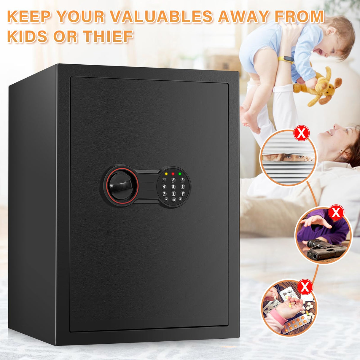 3.0 Cub Large Home Safe Fireproof Waterproof, Anti-theft Fireproof Safe Box with Programmable Keypad, Spare Keys and Removable Shelf, Digital Security Safe for Home Money Firearm Documents Medicines Bukumo
