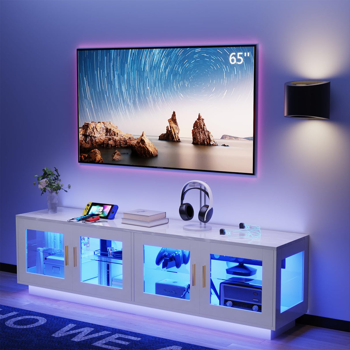 71 Inch TV Stand Modern Entertainment Center with LED Light, Glass Doors and Adjustable Storage Shelves Media Console TV Cabinet for Living Room Bedroom-White wonline