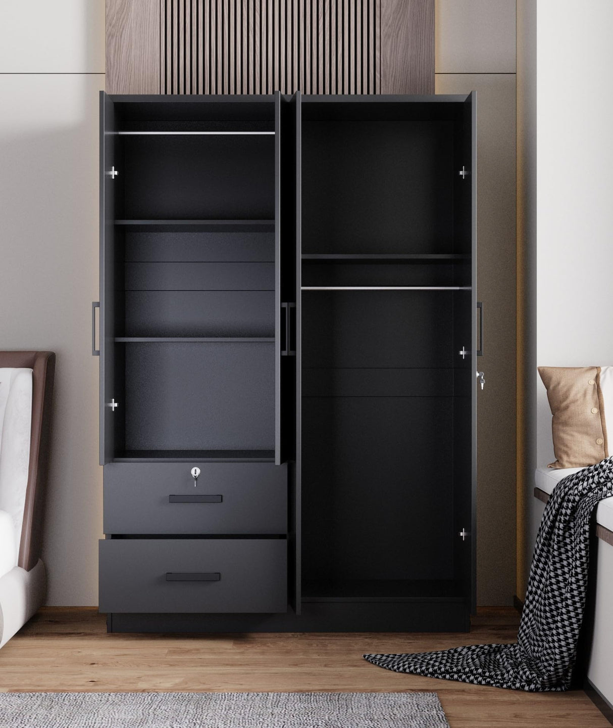 Woodpeckers Furniture And Mattress 4 Mirrored Doors Wardrobe 2 Drawers with Shelves 72 high (4 Mirrors, Black) Woodpeckers Furniture And Mattress