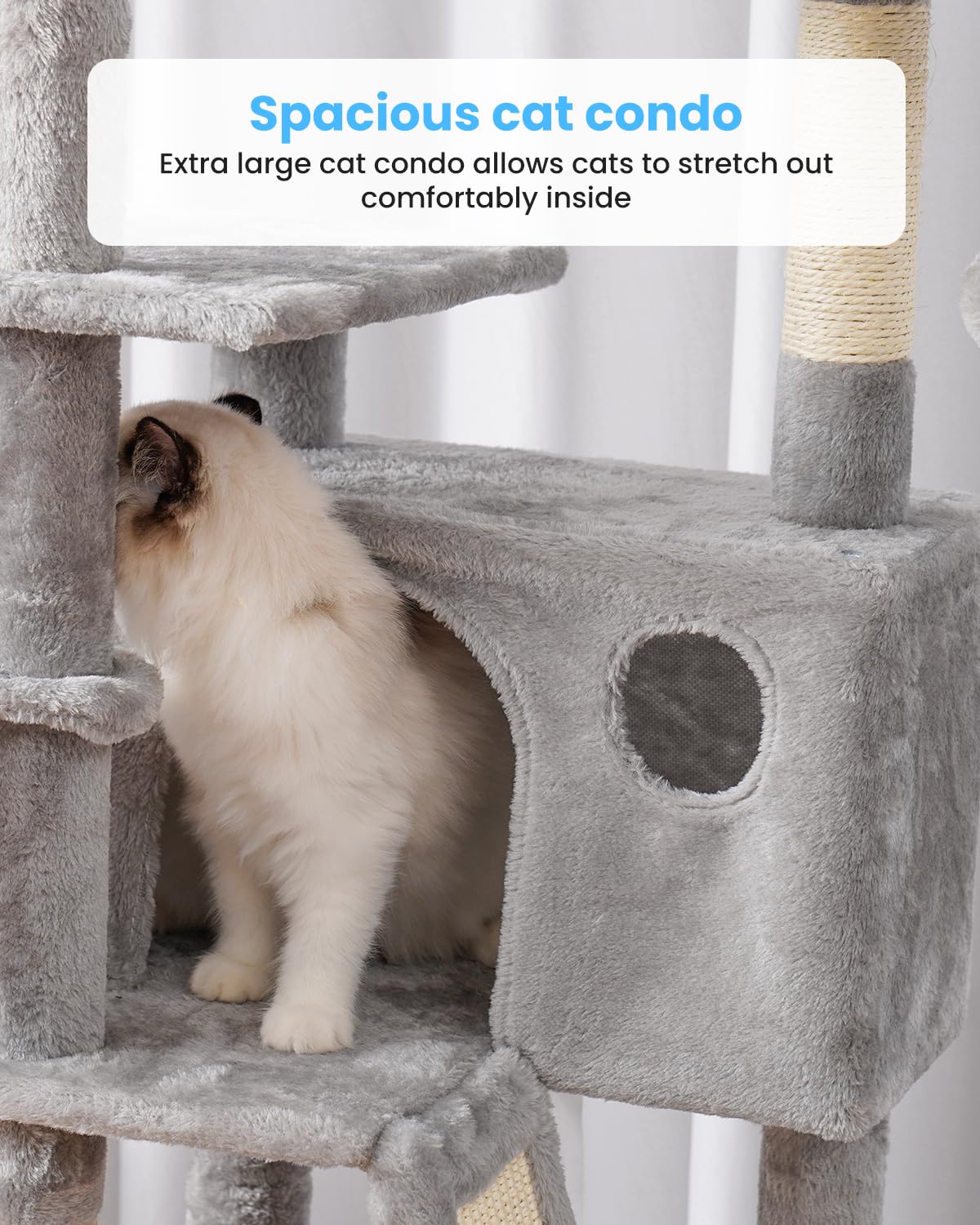 Hey-brother Cat Tree, 53 inch Cat Tower for Indoor Cats, Cat House with Padded Platform Bed, Toy Balls, Large Cozy Condo, Hammocks and Sisal Scratching Posts, Light Gray MPJ019-SW Hey-brother