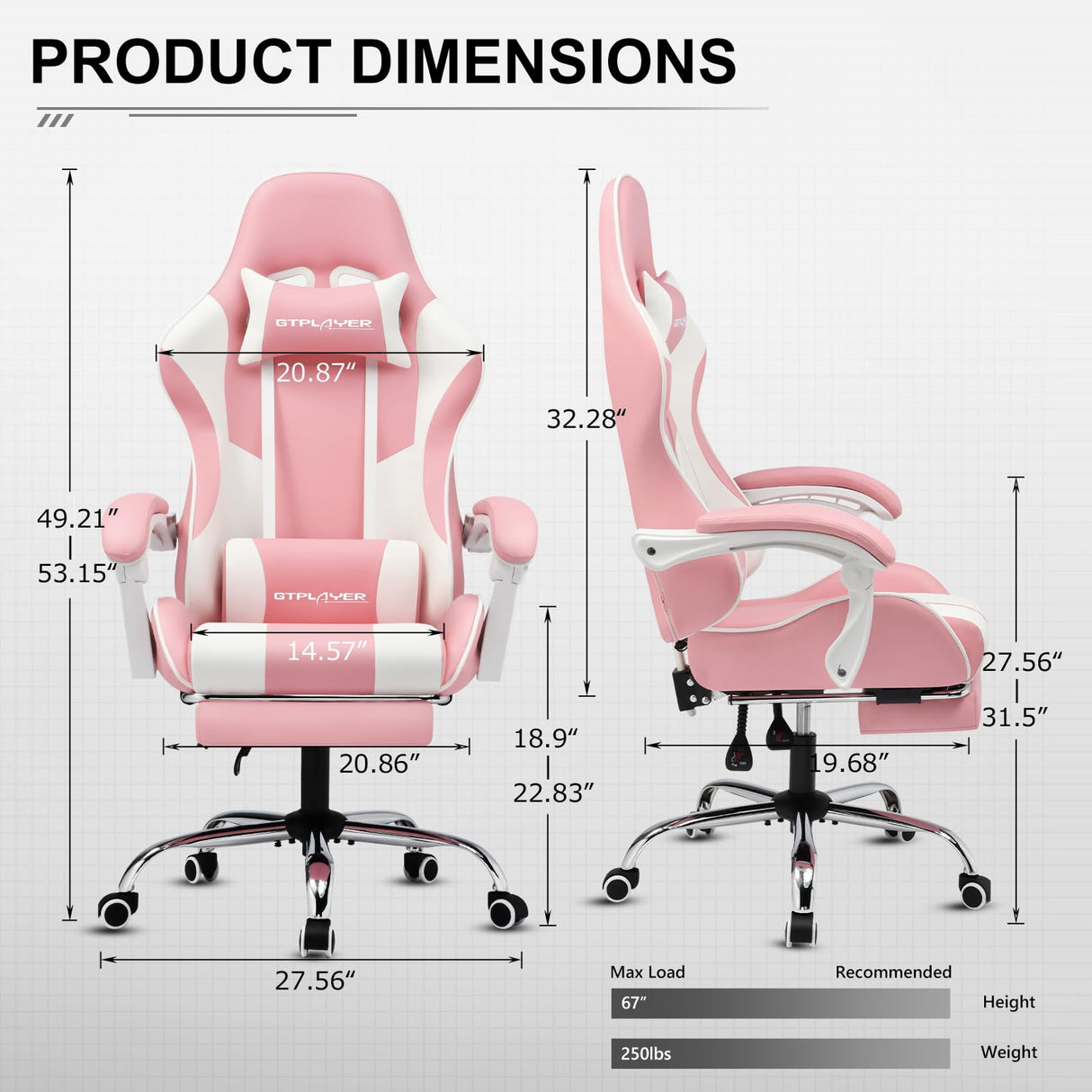 GTPLAYER Gaming Chair, Computer Chair with Footrest and Lumbar Support, Height Adjustable Game Chair with 360°-Swivel Seat and Headrest and for Office or Gaming (Faux Leather, Pink) GTPLAYER