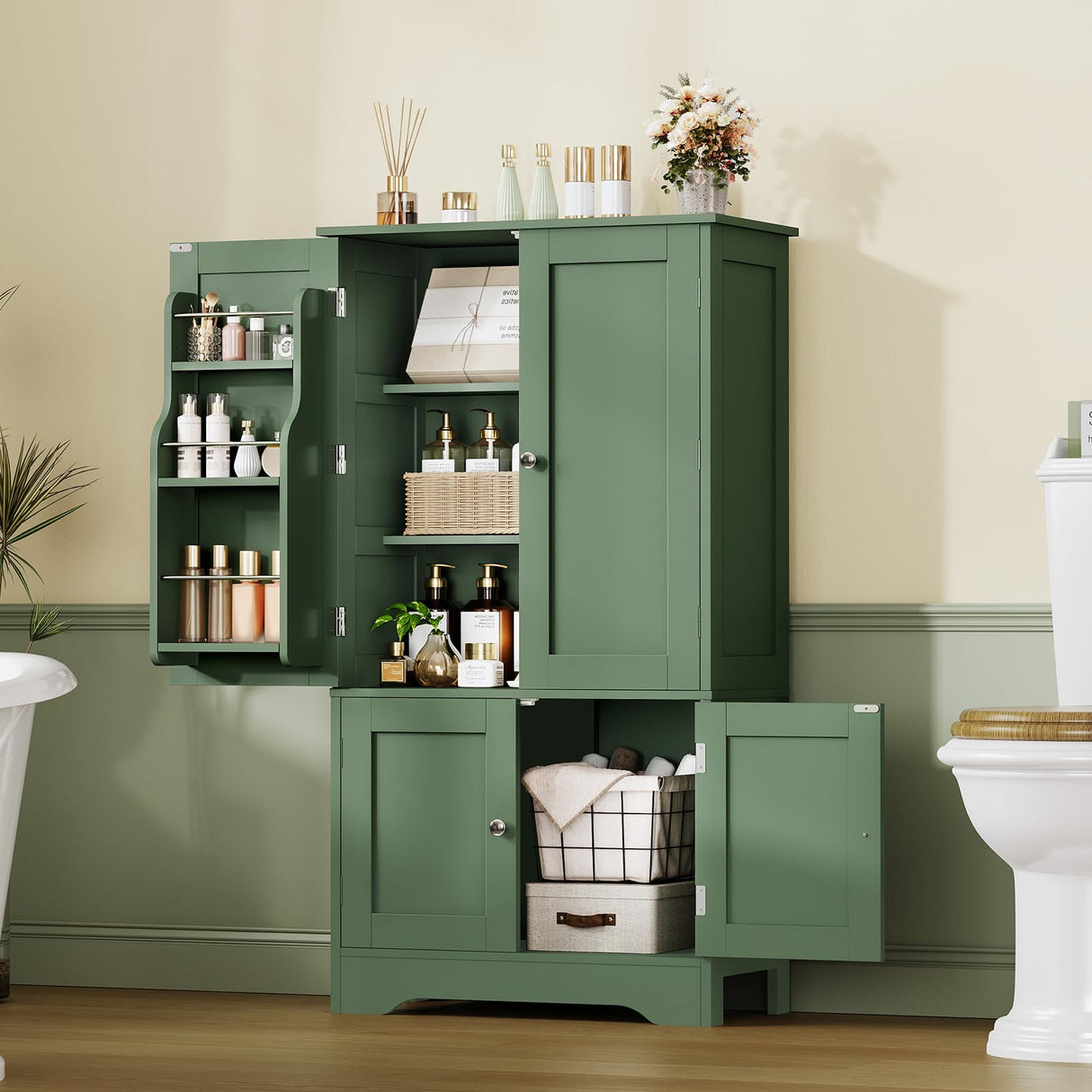 TEENFON 43" H Storage Cabinet with 4 Doors, Kitchen Cabinet with 6 Door Shelves, Kitchen Pantry Cabinets for Living Room, Dining Room, Bathroom, Forest Green TEENFON