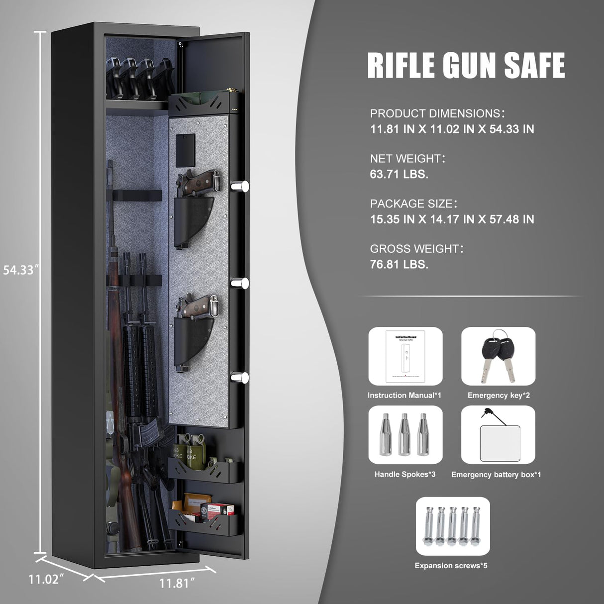 Omethey Fireproof Gun Safe, 5 Gun Heavy Biometric Fingerprint Rifle Safe, Gun Safes for Home Rifle and Pistols with LCD Screen Keypad and Silent Mode, 3 Adjustable Gun Slots Omethey